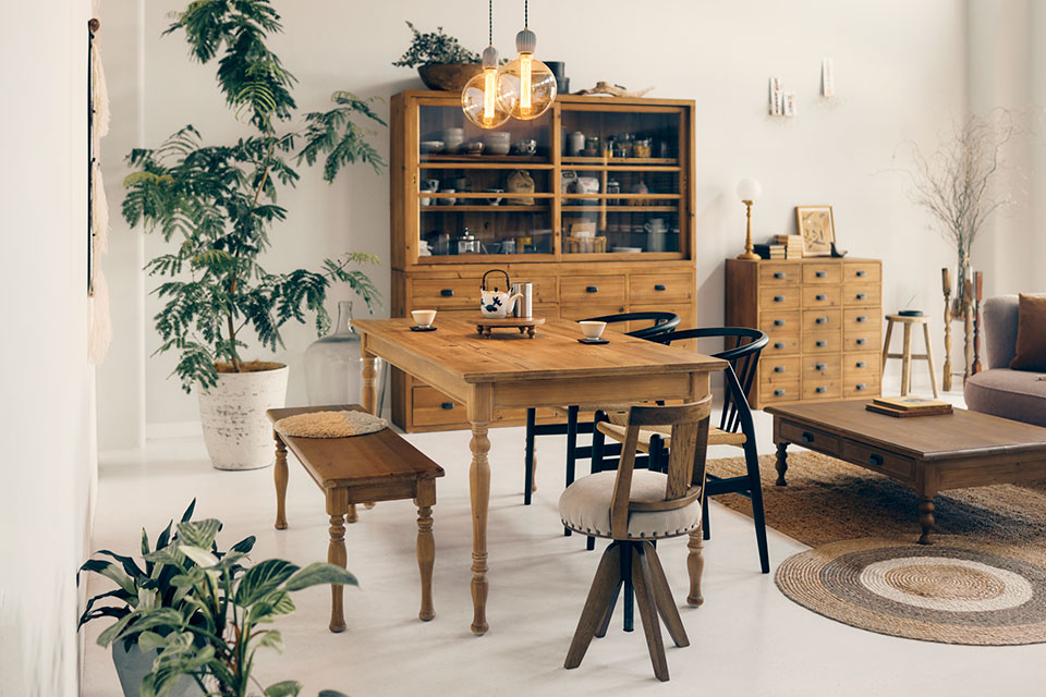 KNOT ANTIQUES スタイリングージャパニーズヴィンテージスタイル-ファソラチェア&キリンベンチ&キリンダイニングテーブル&イロハチェア&シグレキャビネット