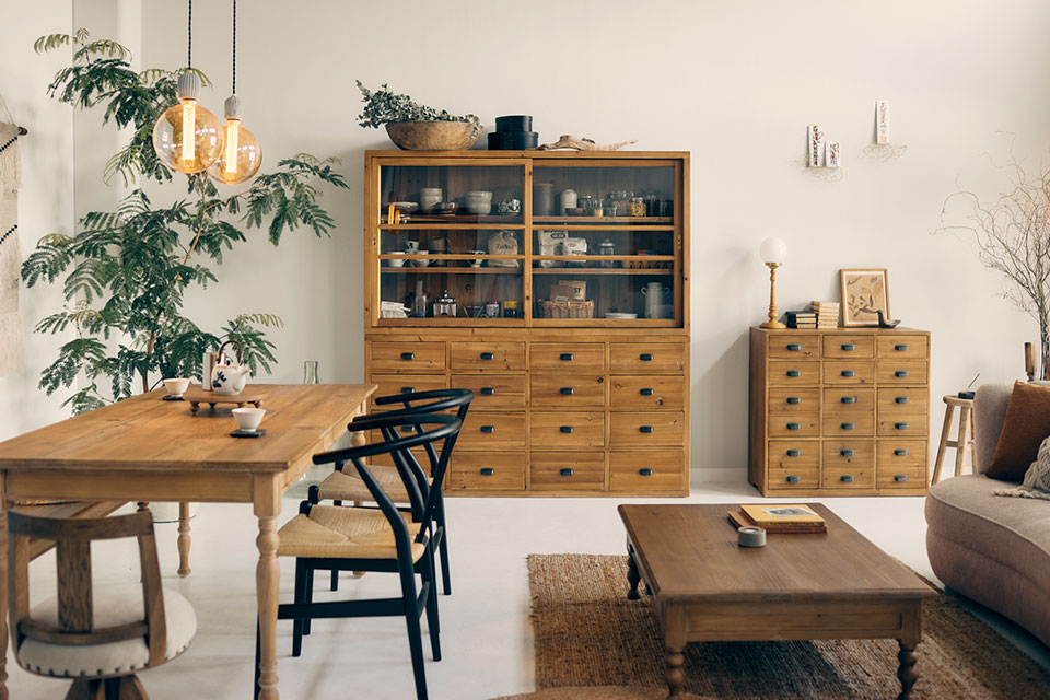 KNOT ANTIQUES スタイリングージャパニーズヴィンテージスタイル-イロハチェア&キリンダイニングテーブル&ハズキコーヒーテーブル&シグレキャビネット&ミモザキャビネット