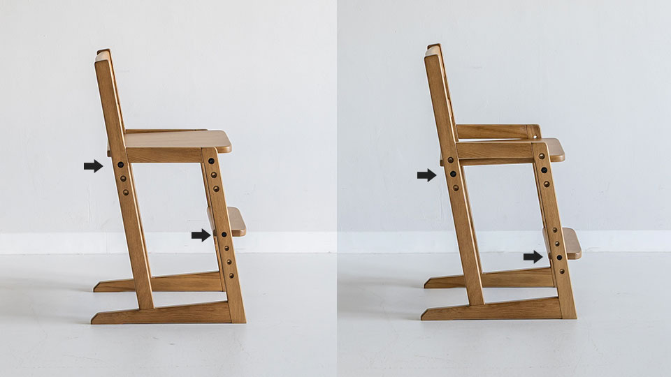 トミーキッズチェア：座面と足置きの高さ調節